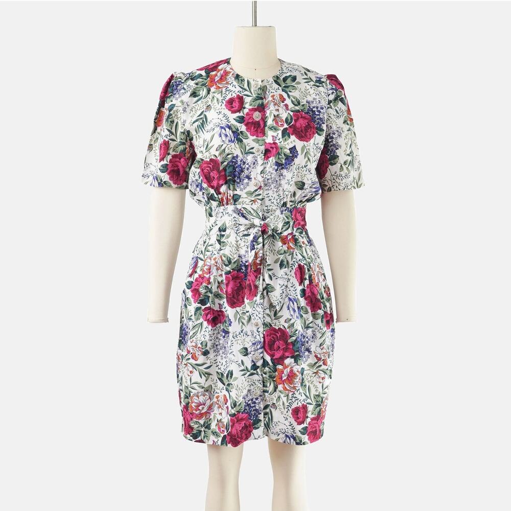 Vintage 80s White Floral Cottagecore Puff Sleeve Tie Front Dress with Pockets S